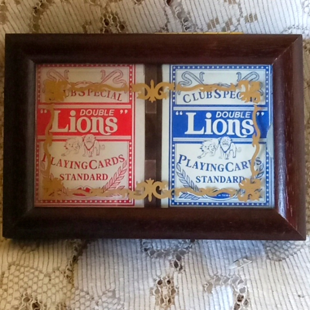 Vintage double lions poker playing cards in a lovely wooden glass top box